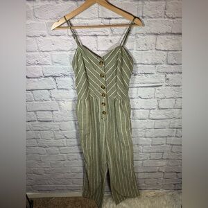 CiSono linen blend stripe romper women’s size medium olive and‎ white